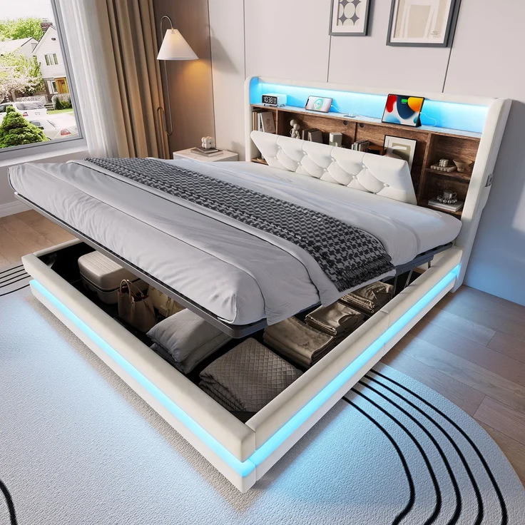TavilaEcon Boxspringbett Samtbett, Polsterbett mit LED-Beleuchtung & USB-Ladefunktion beige Liegefläche 140 × 200 cm – Bild 1