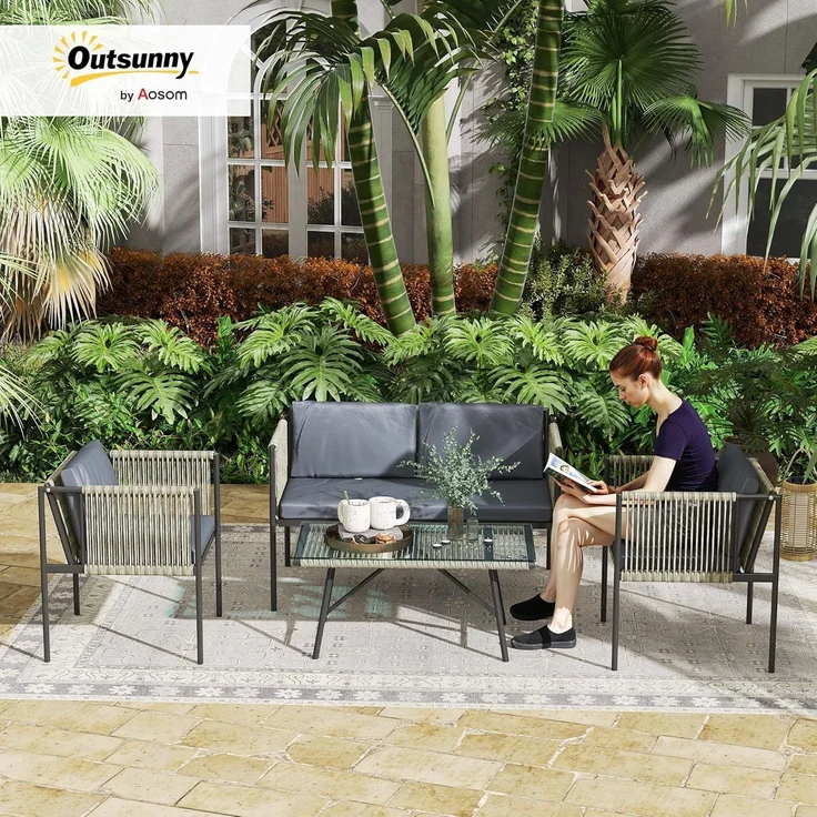 Outsunny Sitzgruppe mit 2er Sofa, Sessel, Glastisch, Kissen, (Gartenmöbel-Set aus Polyrattan, 4-tlg, wetterfest Lounge-Set), für 4 Personen, für Garten, Balkon, Grau – Bild 2