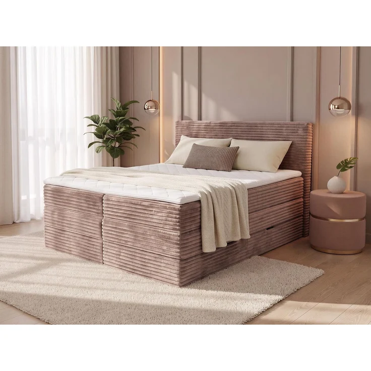 Boxspringbett Mollo XL mit 2 Bettkästen und Topper, mit Taschenfederkern- und Bonellfederkernmatratze, Doppelbett, Polsterbett aus Cordstoff mit Stauraum (Braun (Tilia 17), 160 x 200 cm) – Bild 2