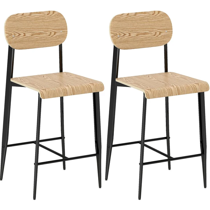 MELAYR, 2er-Set Barhocker, Barstühle mit Rückenlehne und Metallgestell, Holz, Hellbraun, 55 x 43 x 103 cm, Naturholz – Bild 1