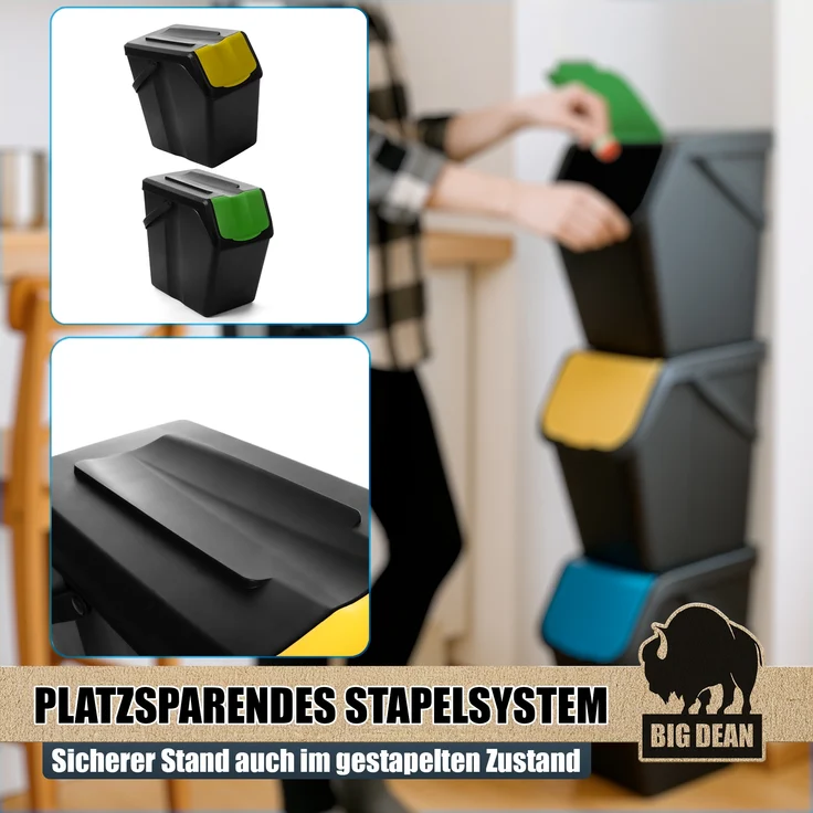 BigDean 3x25L Mülltrennsystem Küchenmülleimer 3 Fächer Stapelbar mit Henkel Abfalleimer Küche – Bild 5