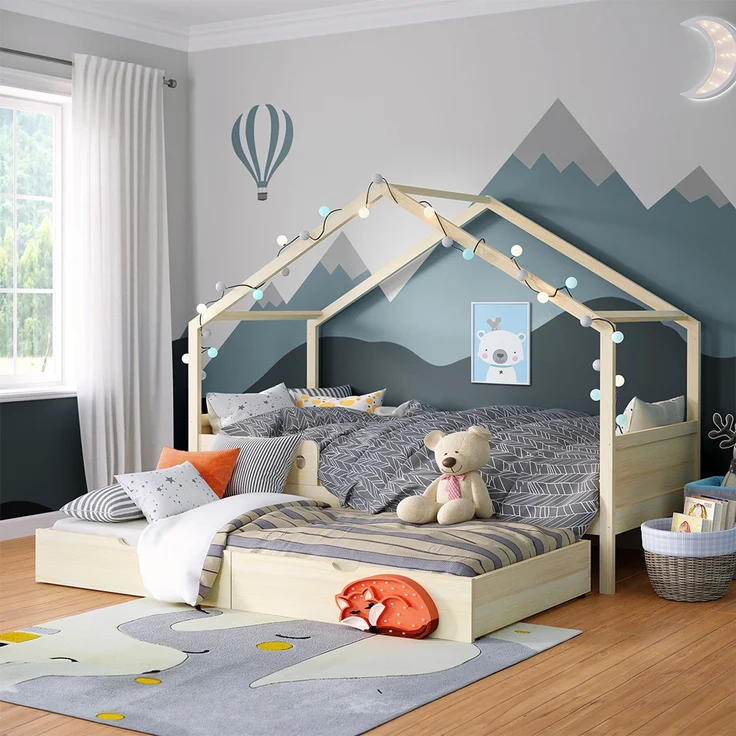 Bellabino 'Bela' Hausbett 90x200 cm mit Gästebett 90x190 cm, natur, Kiefer Massivholz, Montessori Kinderbett mit Ausziehbett, inkl. Rausfallschutz und Lattenrost – Bild 1