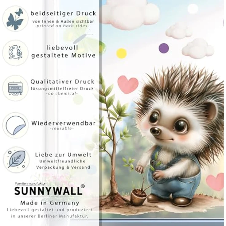 Sunnywall Fensterdekoration wiederverwendbares Fensterbild Igel Gärtner in Latzhose, wiederverwendbar, statisch haftend, beidseitiger Druck – Bild 6