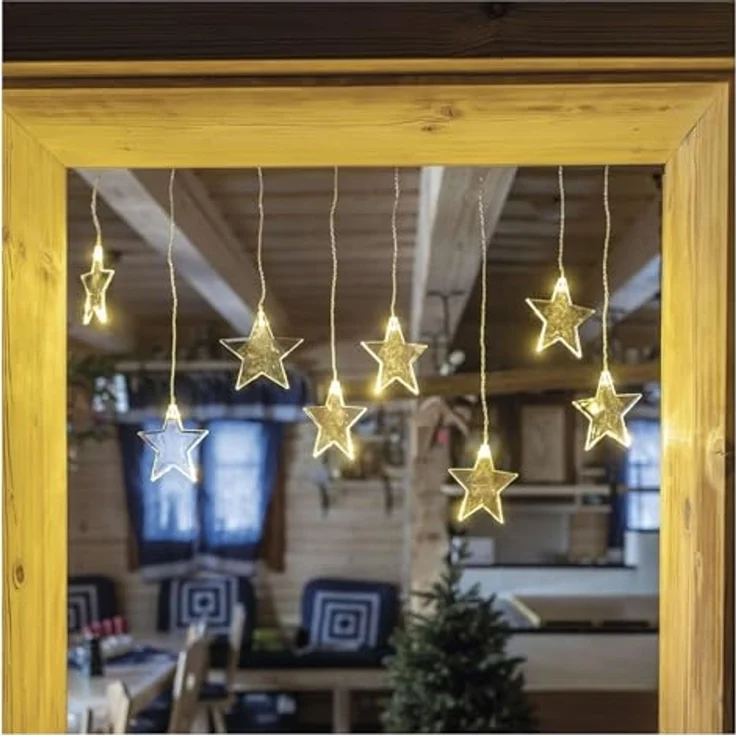EMOS Mini Lichtervorhang mit 8 Sternen, LED-Lichterkette 84cm mit Sternen, Warmweiß, Lichtergirlande + Netzteil, Leuchtdauer 10.000 h, IP44 für Innen und Außen, für Party, Weihnachten, Deko – Bild 1