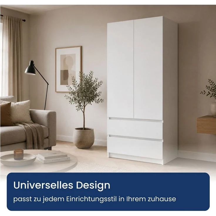 Home Collective Mehrzweckschrank Schrank Kleiderschrank Aktenschrank Hochschrank 2-türig 2 Schubladen (Garderobenschrank, Universalschrank Flur, Büro oder Schlafzimmer) 90x50x180 cm, robust & vielseitig, viel Stauraum Weiß – Bild 4