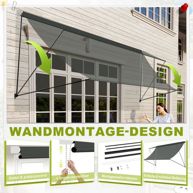 FIVMEN Markise Fallarmmarkise, Anthrazit, UV-Schutz für Balkon & Fenster Aluminiumrohre und 100% Polyestergewebe mit wasserdichter Beschichtung – Bild 3