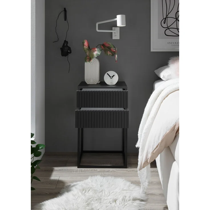 MARLE Nachttisch in Graphit - Moderner Nachtschrank mit Schubladen und schwarzem Metallgestell - 40 x 65 x 38,5 cm (B/H/T) – Bild 5