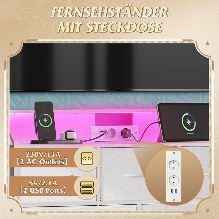 WLIVE Kommode mit 8 Stoffschubladen, LED-Beleuchtung und Ladestation (Aufbewahrungsschrank mit Holzplatte und Metallgestell, Aufbewahrungsschrank mit Holzplatte und Metallgestell), Schlafzimmerkommode für Wohnzimmer, Flur und Schlafzimmer – Bild 4