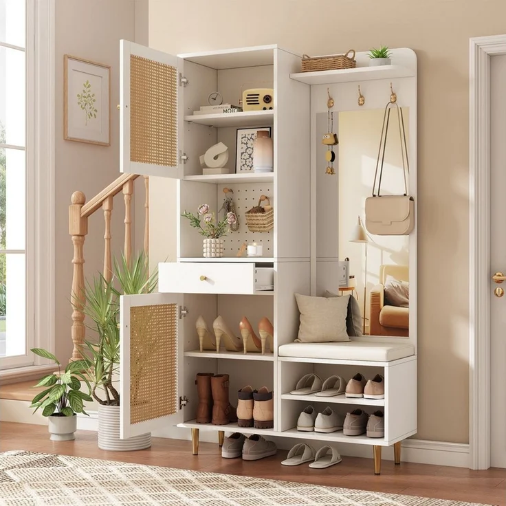 Flieks Garderobenschrank Rattan-Garderobenständer Schuhregal Spiegel Haken Lochwand Sitzkissen (verstellbare Einlegeböden, 1-St, 99x35x180 cm) Kompaktgarderobe Garderoben-Set Flurschrank Weiß, Eisenbeine – Bild 2