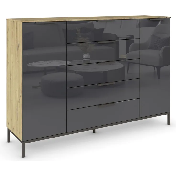 Rauch Möbel Flipp, Nachttisch für Schlafzimmer, Garderobe, 2-türig, 5 Schubladen, mit Softclose-Funktion, Griffe und Metallkufe Graphit, Farbe Eiche Artisan, Holz/Glas Basalt, Schwarz, Breite 160 cm