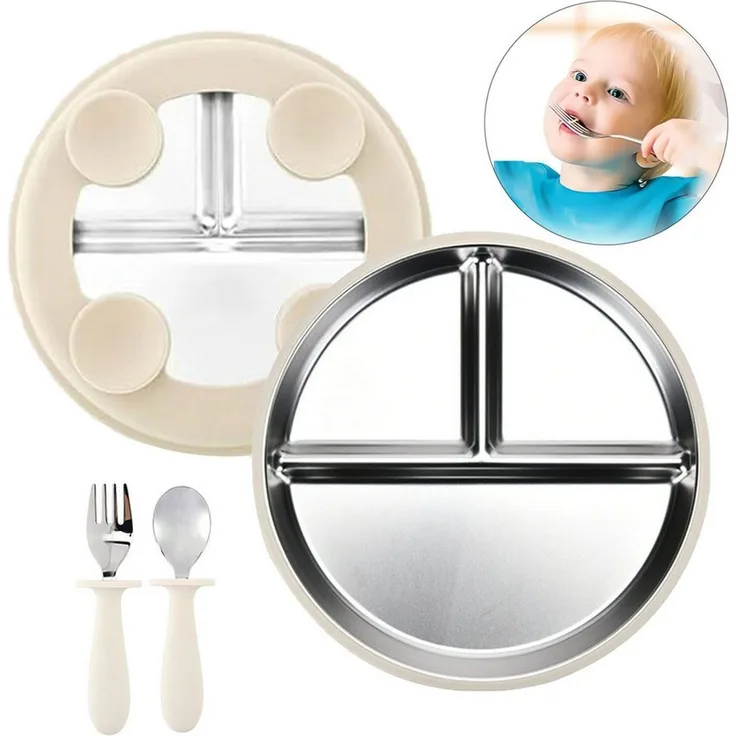 Mutig Kindergeschirr-Set 3 Stück Edelstahl Baby Teller mit Silikon Saugnapf mit Löffeln&Gabeln, 1 Personen, Spülmaschinenfest & BPA Frei mit Unterteilung,Für Kinder geeignet