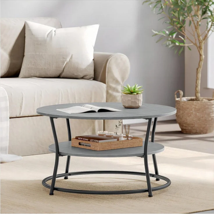 Vasagle Couchtisch rund, Wohnzimmertisch, Sofatisch mit Ablage, einfacher Aufbau, Metall, Industrie-Design, Betongrau-Tintenschwarz – Bild 1