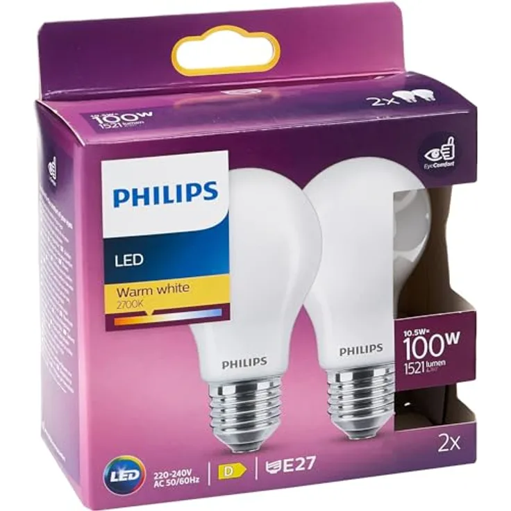 Philips LED-Lampe E27 10,5W, opalweiß, EyeComfort, 2er-Pack