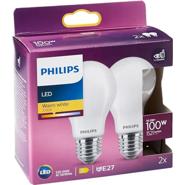 Philips LED-Lampe E27 10,5W, opalweiß, EyeComfort, 2er-Pack – Bild 1