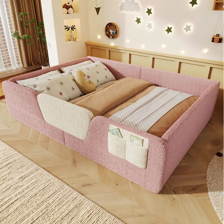 CHICFURN Polsterbett aus Samt in Rosa 140x190 cm mit abnehmbaren Sicherheitsgittern und Stofftasche