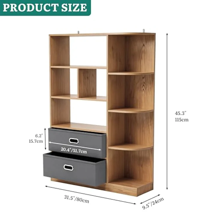 YITAHOME Freistehend Freistehendes Bücherregal mit 8 offenen Regalböden und 2 Schubladen (Stoffbezug) für Wohnzimmer, Schlafzimmer, Büro, Eichenfarbe, 80 × 24 × 115 cm (B × T × H) – Bild 3