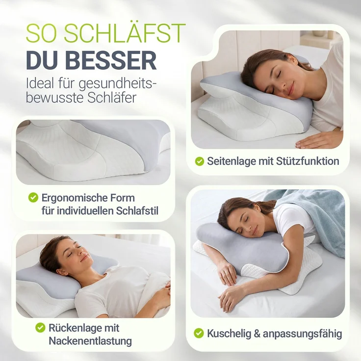 Juskys Nackenkissen 1er Set - Ergonomisches Nackenkissen mit Memory-Foam, atmungsaktivem Bezug - Kissen für den Nacken, gesunder Schlaf - weiß/grau – Bild 3