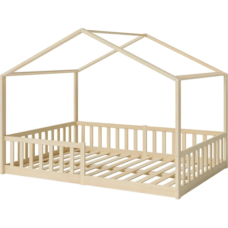 Bellabino 'Bia' Hausbett 140x200 cm, natur, Kiefer Massivholz, Bodenbett in Hausoptik, Montessori Kinderbett mit Rausfallschutz und Lattenrost – Bild 2