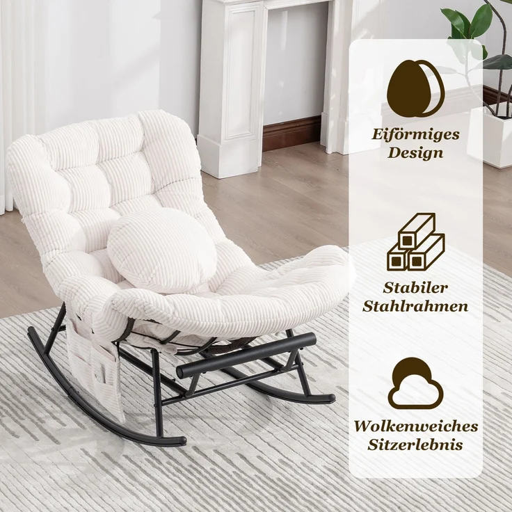 LVHOM Schaukelstuhl mit ausziehbarer Fußstütze, Rattanstuhl mit Stahlrahmen, Schaukelsessel mit gepolstertem Kissen und Seitentasche, Lounge Sessel, 1 St, Beige – Bild 8