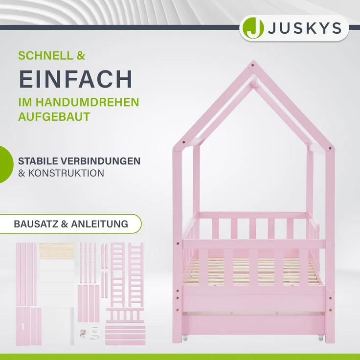 Juskys 'Marli' Kinderbett mit Matratze, Bettkasten, Rausfallschutz, Lattenrost & Dach - Massivholz Hausbett für Kinder - Bett in Rosa, 80x160 cm – Bild 3