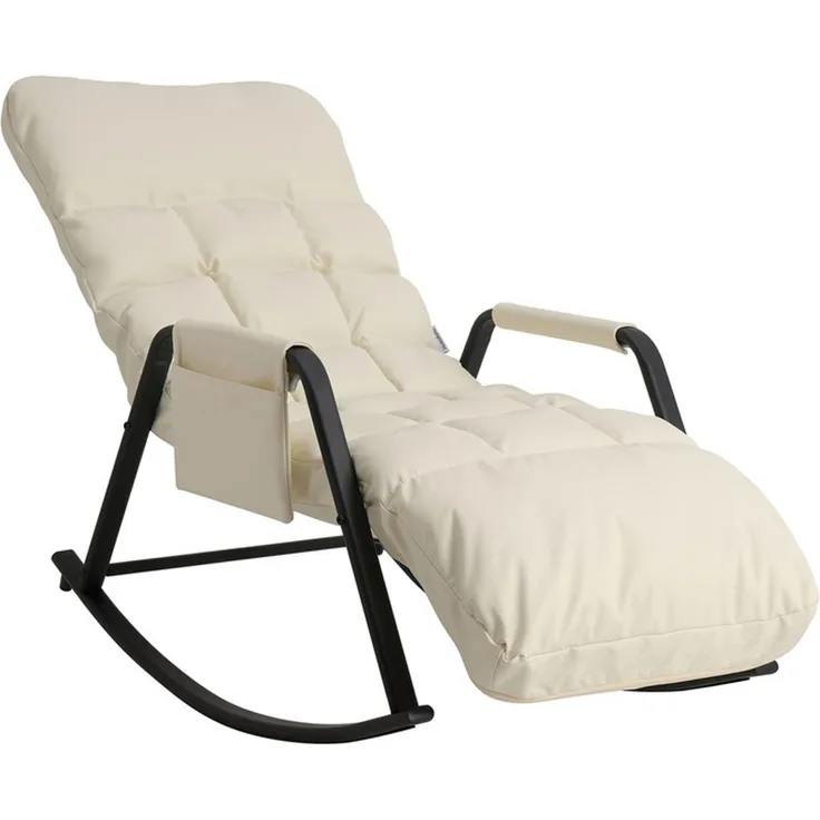 Home Nature Wohnkonzept Schaukelstuhl mit 5-fach verstellbarer Rückenlehne, Ergonomischer Relaxsessel, Lesesessel bis 160 kg, 104×56×93,5 cm, Kunstleder Cremeweiß