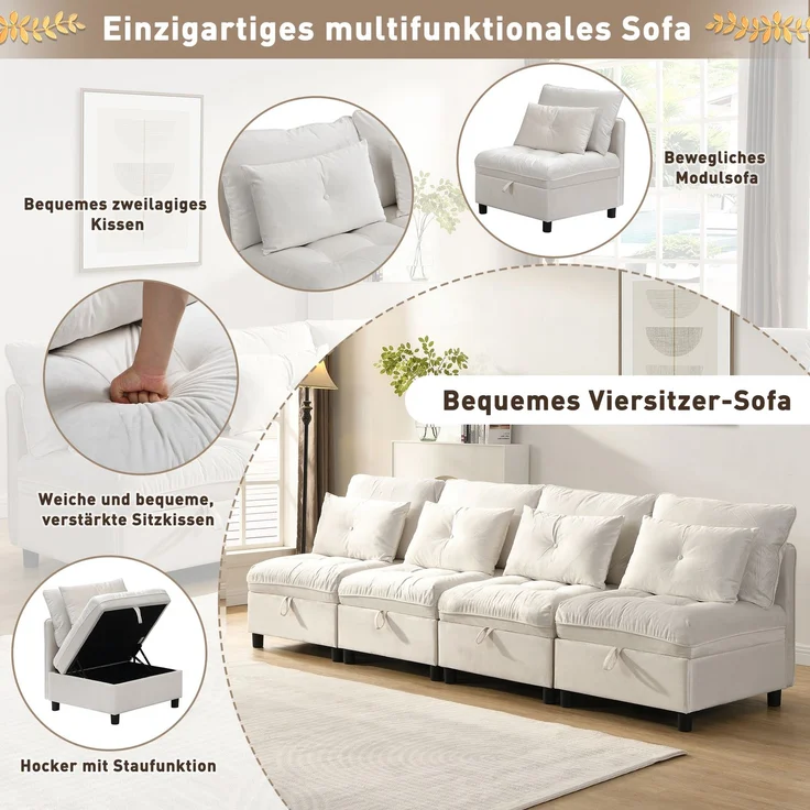 Schlafsofa mit 4 unabhängige Module, als 4-Sitzer, 2 Zweisitzer oder Schlafsofa nutzbar, Wolken-Sitzkomfort, Beige – Bild 7
