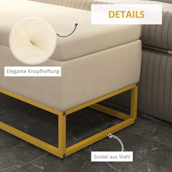 HOMCOM Sitzbank Truhenbank mit Stauraum und Stahlbeine (Aufbewahrungsbank, 1-St, Lagerbank), Beige, 110 x 44 x 49 cm – Bild 6