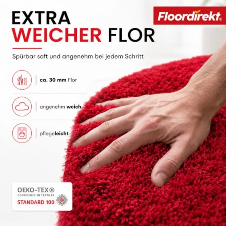 Floordirekt Badematte Sky, weicher Hochflor, rutschhemmend & schnell trocknend, geeignet für Fußbodenheizung, eckig & rund (50 x 60 cm, Beerenrot) – Bild 2