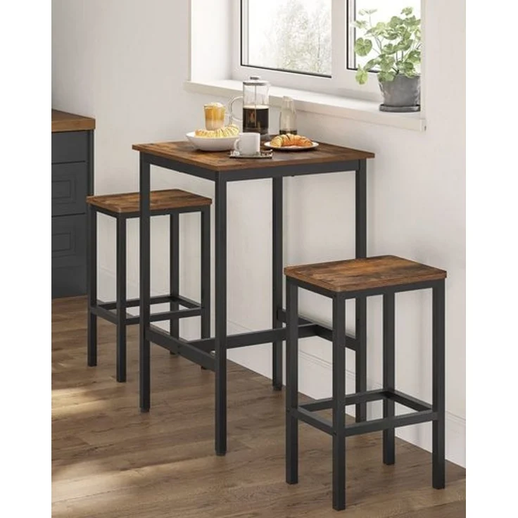 Vasagle Bartisch mit Barhocker-Set, Esstisch mit 2 Stühlen, Küchentisch klein 60 x 60 x 90 cm, Barstühle je 30 x 40 x 65 cm, für Esszimmer, Küche, Industrie-Design, vintagebraun-schwarz – Bild 2