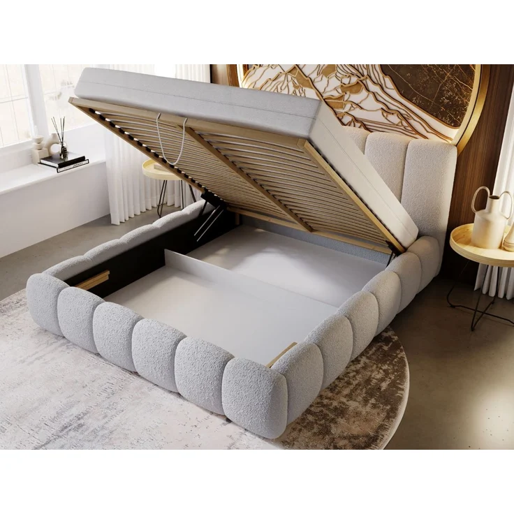 GRAINGOLD Cloud Bett 120x200, Polsterbett mit Bettkasten, Bouclé-Stoff, mit Kopfteil, Hellgrau – Bild 5