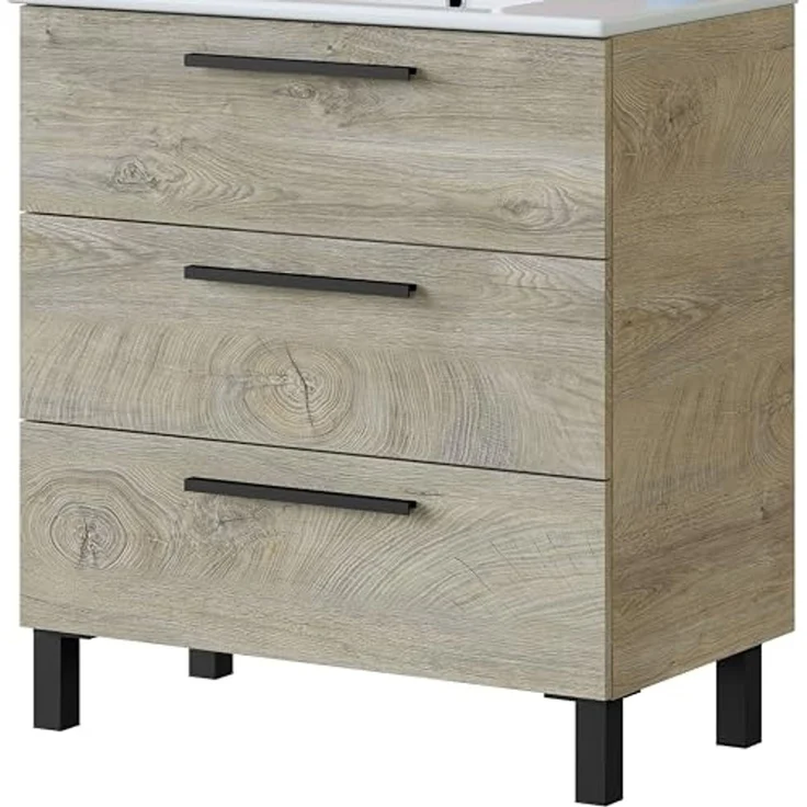ARKITMOBEL, Waschbeckenunterschrank mit 3 Schubladen & Spiegel – Badezimmermodul mit Füßen in Eiche Alaska, modernes Badmöbel, Maße: 80 x 86 x 45 cm (B x H x T), Modell Athena (ohne Waschbecken) – Bild 5