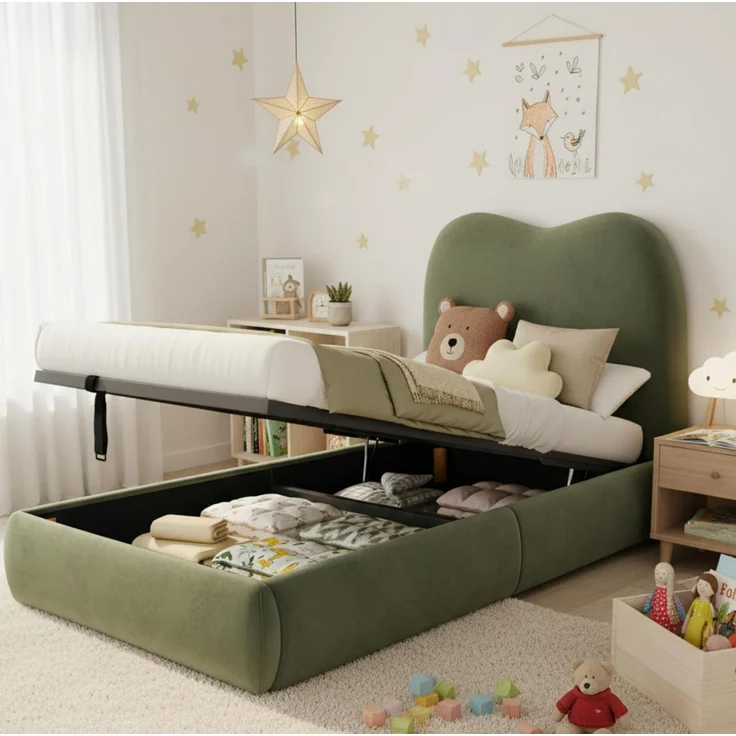 Kinder-Polsterbett aus Samt mit hydraulischem Stauraum, 90x200 cm, Grün, ohne Matratze – Bild 3