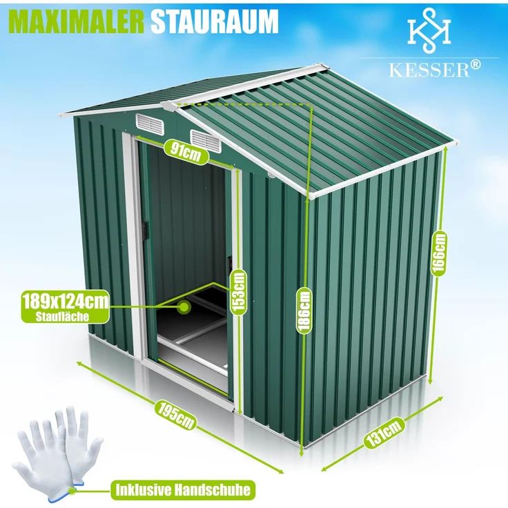 KESSER® XL Metall Gerätehaus 4,2m³ mit Fundament | inkl. Arbeitshandschuhe | 195 x 131 x 186 | 2x Schiebetür & Fundament | Geräteschuppen | Gartenhaus Schrank | Satteldachdach Garten Schuppen Grün – Bild 4