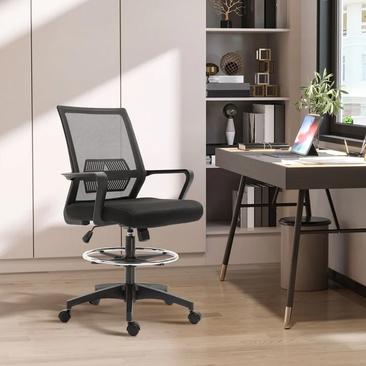 MELAYR, Bürostuhl, Höhenverstellbarer Schreibtischstuhl mit Fußablage, Netz-Rückenlehne, 64 x 59 x 124 cm, Schwarz – Bild 4