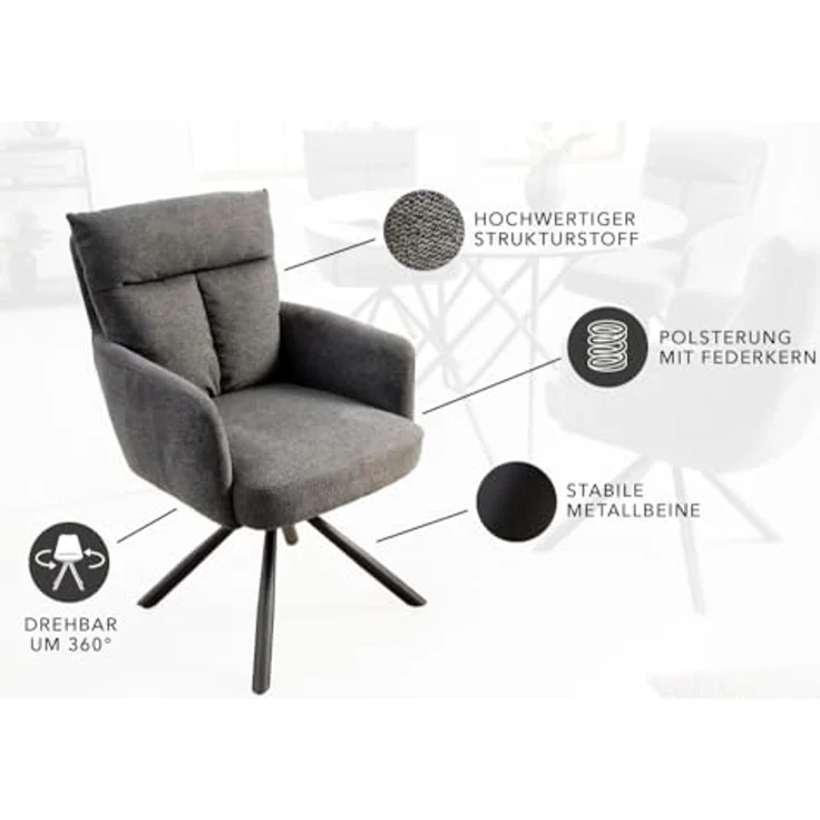 riess-ambiente Polsterstuhl BIG GEORGE grau / schwarz (Einzelartikel, 1 St), Esszimmer · 360° drehbar · mit Armlehne · Retro – Bild 6