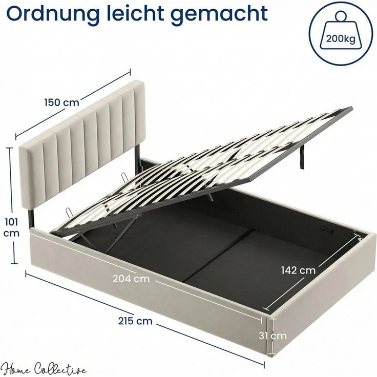 Home Collective Polsterbett mit Stauraum und Lattenrost Doppelbett Gepolstertes Bett (Verfügbare Größen: 140x200 und 160x200 cm), hydraulischer Bettkasten Kopfteil verstellbar samt Beige – Bild 2