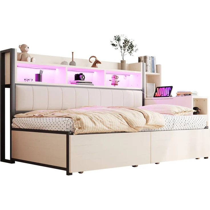 Bett 90x200 cm mit Stauraum und ausklappbarem Schreibtisch – Weiß, Metall & Holz – Bild 8