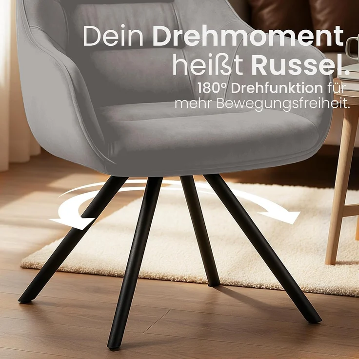 CLP Esszimmerstuhl drehbar mit Armlehne Russel, Küchenstuhl in Samt oder Stoff - Farbe:grau;Material:Samt – Bild 5