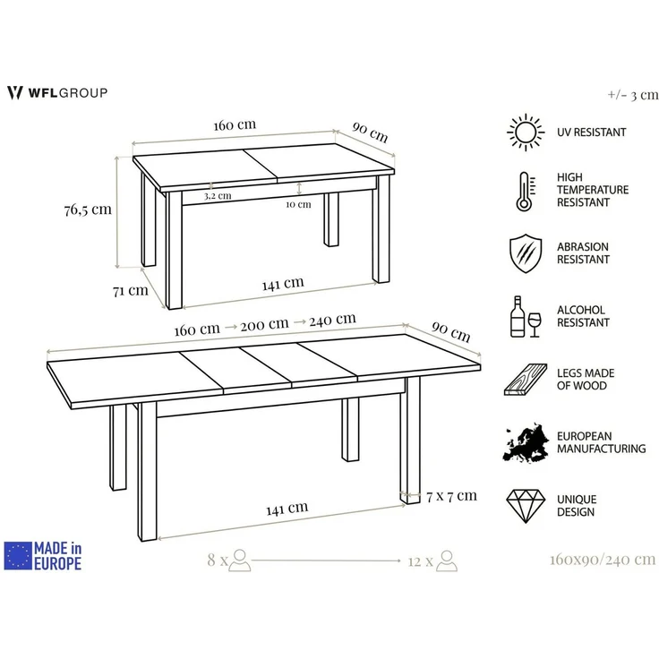 WFL GROUP Esstisch Lindberg ausziehbar verlängerbar rechteckig mit weißen Holzbeinen (MADE IN EU, XXL Groß– 120/140/150/160/200 cm ausziehbar auf 160/180/190/240/300 cm), platzsparender Tisch in Holzoptik für Küche, Esszimmer oder Wohnzimmer – Bild 2