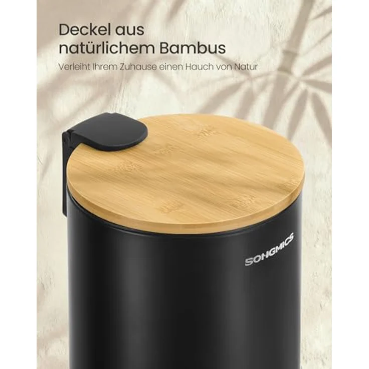 SONGMICS Kosmetikeimer, Mülleimer Bad, mit Deckel aus Bambus, Tretmülleimer mit Metallpedal, Inneneimer herausnehmbar, Softclose, für Badezimmer, 6 Liter, tintenschwarz LTB116BZ01 – Bild 7