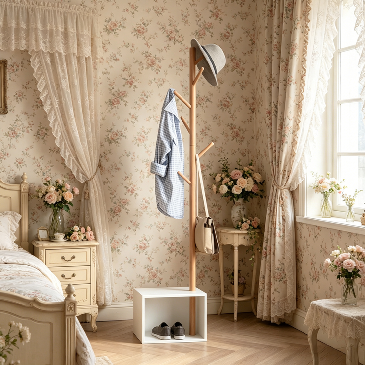 Garderobenständer 40 x 30 x 180 cm mit 6 Haken und Stauraum – MDF und massives Bambusholz – Bild 5