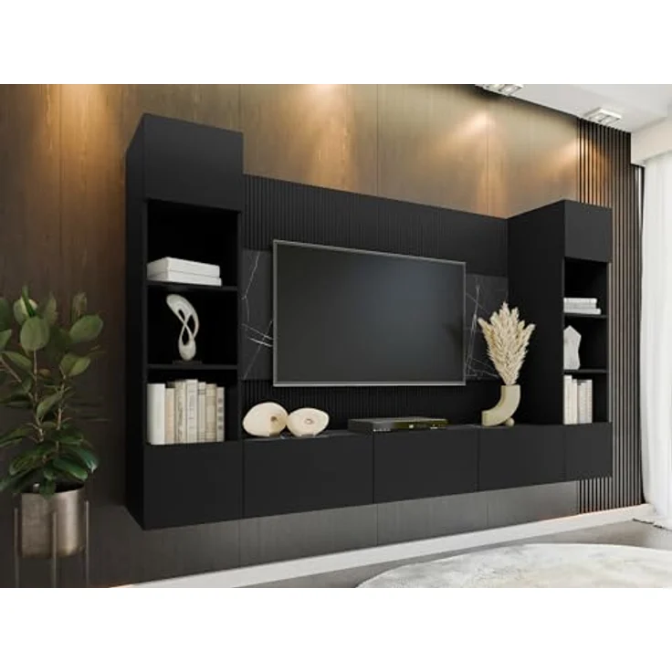 Mirjan24 Wohnwand, Schwarz, Holzwerkstoff in Marmor Optik, 260x150x38 cm, mit grifflosen System und Gasdruckfeder – Bild 2