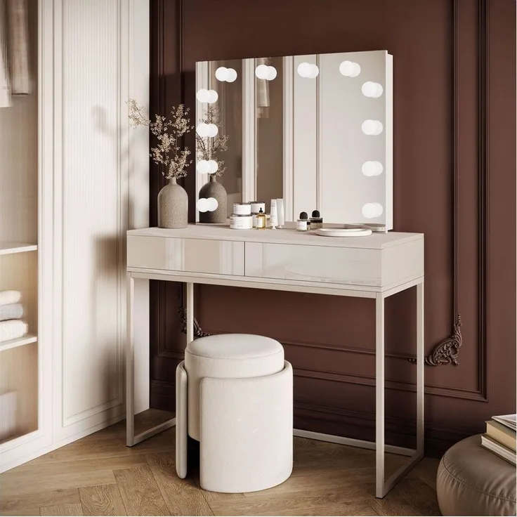 Lookway Schminktisch BLANCO KASCHMIR ELITE auf kaschmirfarbenem Gestell (1x Konsole, 1x Spiegel mit Led Beleuchtung), Breite: 100 cm
