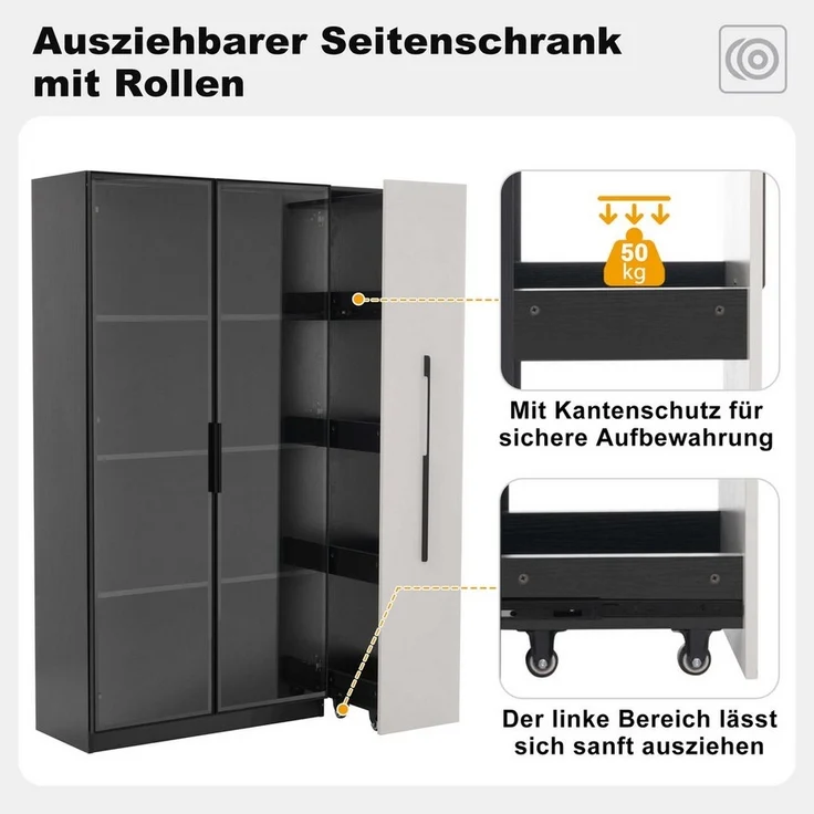 BlingBin Stauraumvitrine Multifunktionsschrank Glasvitrine (1-St, Bücherregal mit LED-Vitrine & seitlichem Auszugsschrank auf Rollen) Soft-Close-Scharniere, Warmgelbe Beleuchtung, 110,5×35×160 cm – Bild 3