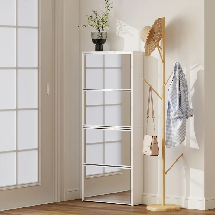 Spiegel-Schuhschrank mit 4 Türen und Kippschutz aus Holz, 63 x 17 x 146 cm, Weiß – Bild 10