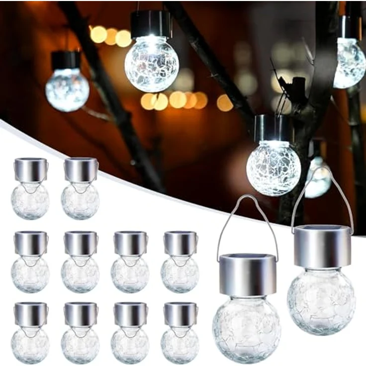GIGALUMI 12 Stück Solar-Außenleuchten, Solar-Hängeleuchten für Weihnachtsdekoration, rissiges Glas, Solarleuchten für den Außenbereich, wasserdicht für Garten, Hof, Zaun, Baum (kaltweiß) – Bild 1