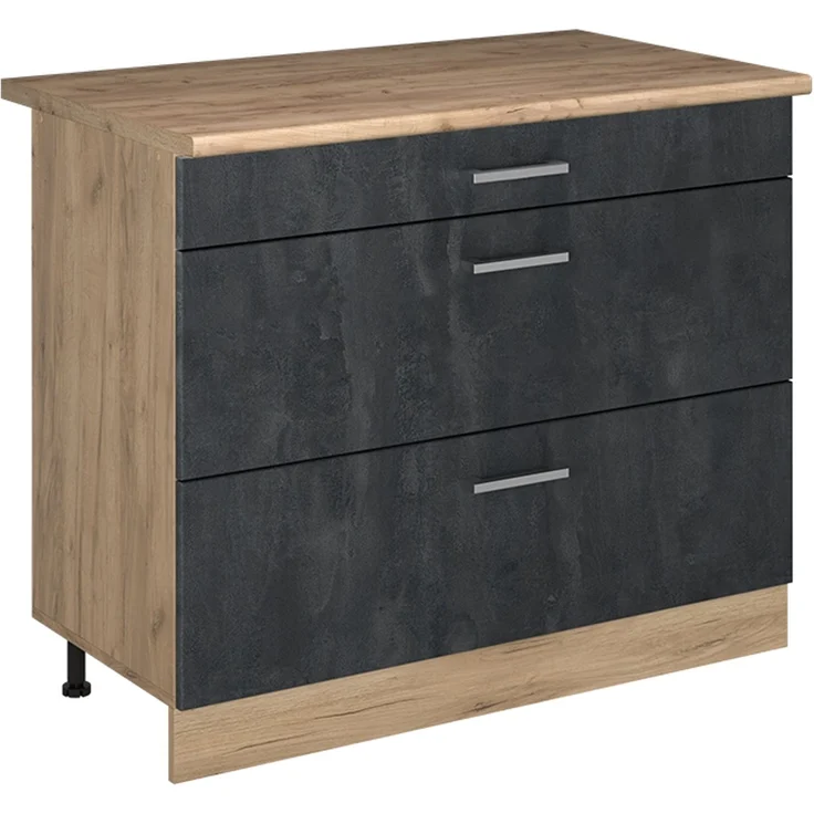 Küchenunterschrank R-Line Schwarz Beton/Goldkraft Eiche 100 cm Arbeitsplatte Goldkraft Eiche Vicco – Bild 1