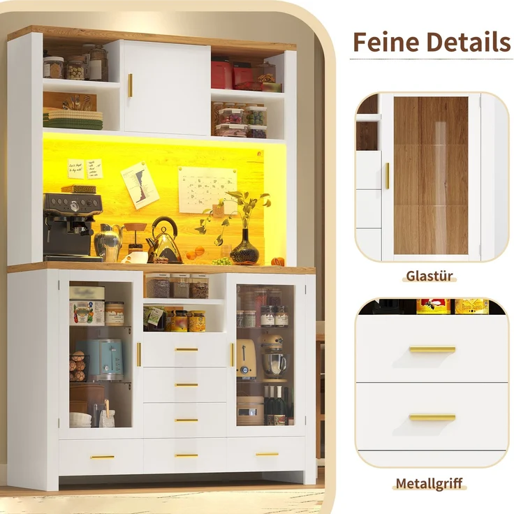 Seitenboard / Aufbewahrungsschrank / Multifunktions-Küchenschrank / Buffetschrank, 120x40x188cm, Landhausstil, 4 Türen, mit LED-Lichtleiste, 6 Schubladen & 3 Türen, Weiß mit Holzoptik – Bild 4