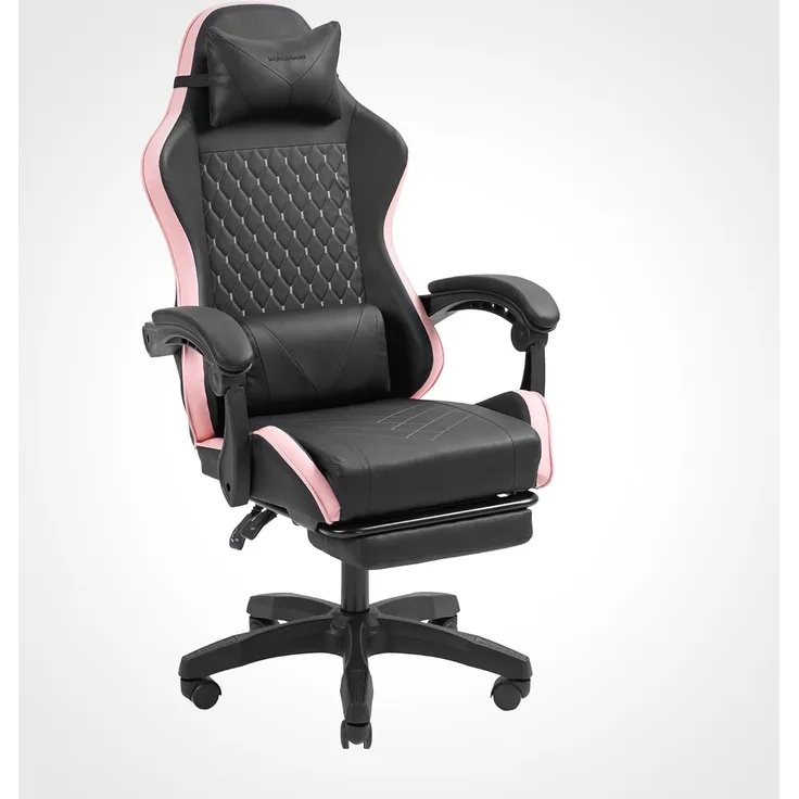 MARS GAMING MGC-X, Ergonomischer Gaming-Stuhl, Kunstleder, Verstellbare Rückenlehne und Höhe, Dynamische Armlehnen, Nacken- und Lendenkissen, Bürostuhl mit Ausziehbarer Fußstütze, Rosa
