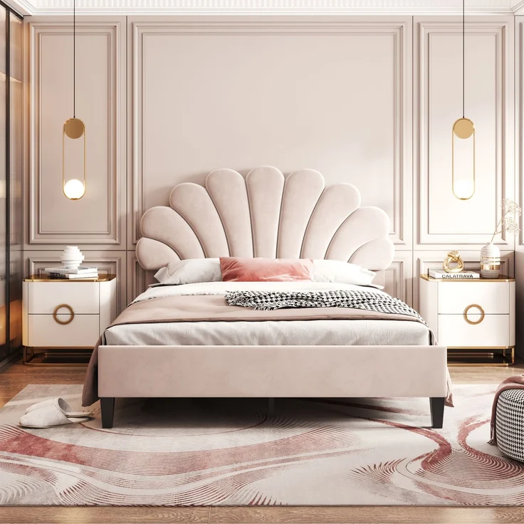 Polsterbett Doppelbett 140 x 200 cm, Bettrahmen mit blumenförmigem Kopfteil und Lattenrost, Erwachsenen-Jugendbett in hautfreundlichem Samtstoff, Gästebett Beige – Bild 2